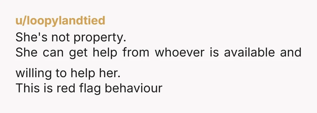 u/loopylandtied She's not property. She can get help from whoever is available and willing to help her. This is red flag behaviour