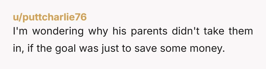 u/puttcharlie76 I'm wondering why his parents didn't take them in, if the goal was just to save some money.