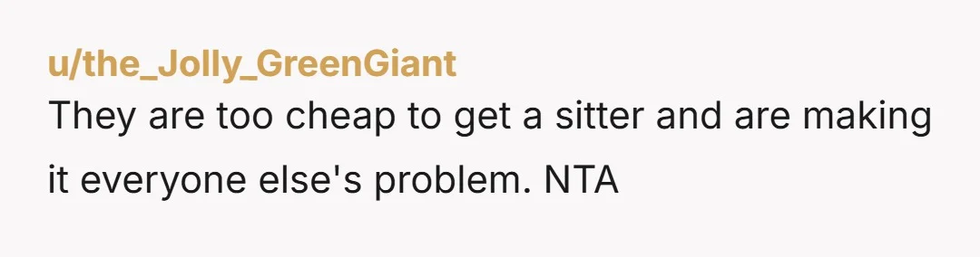 u/the_Jolly_GreenGiant They are too cheap to get a sitter and are making it everyone else's problem. NTA