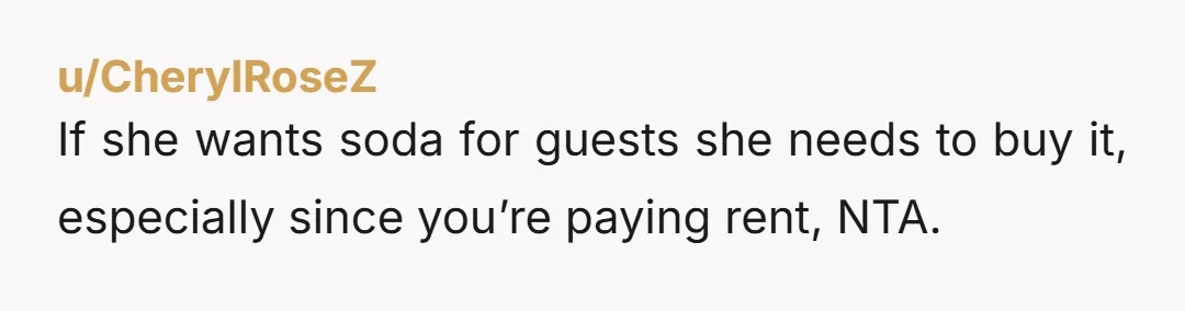u/swillshop Hey OP's Mom: I am a mom of a twenty something. I agree with OP. She is NTA; you are. If you generally like those sodas to be available...