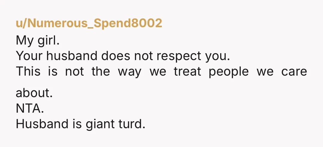 u/Numerous_Spend8002 My girl. Your husband does not respect you. This is not the way we treat people we care about. NTA. Husband is giant turd.