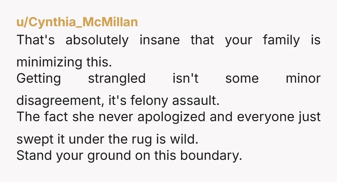 u/Cynthia_McMillan That's absolutely insane that your family is minimizing this. Getting strangled isn't some minor disagreement, it's felony assault. The fact she never apologized and everyone just swept it under...