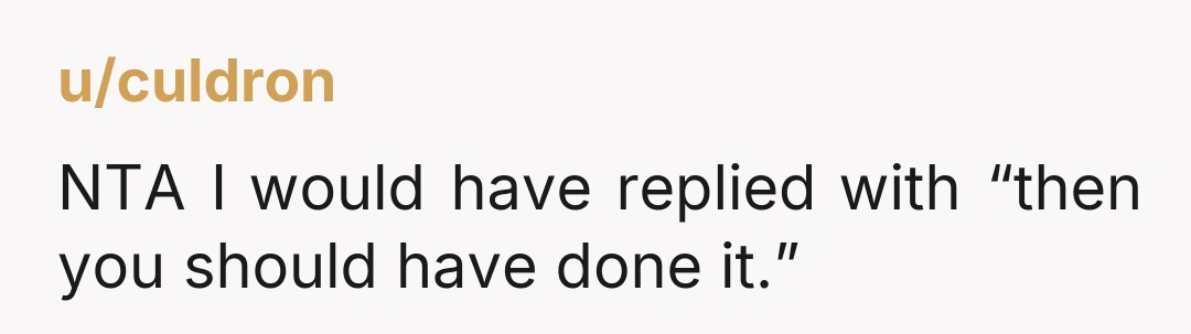 u/culdron NTA I would have replied with “then you should have done it.”