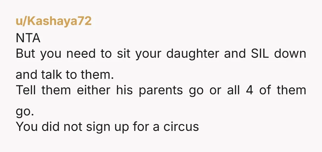u/Kashaya72 NTA But you need to sit your daughter and SIL down and talk to them. Tell them either his parents go or all 4 of them go. You did...