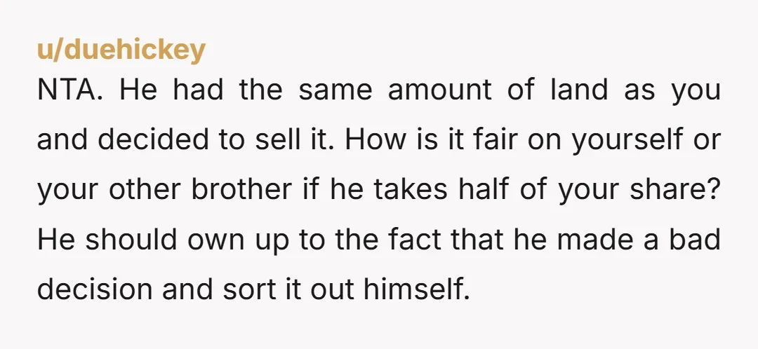 NTA. He had the same amount of land as you and decided to sell it. How is it fair on yourself or your other brother if he takes half of...