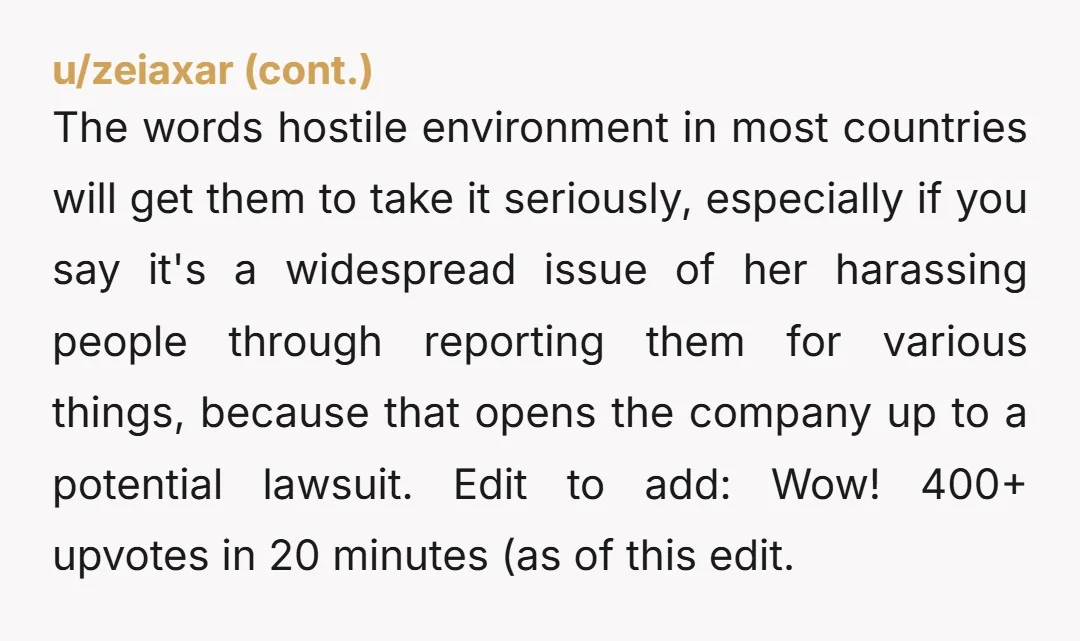 The words hostile environment in most countries will get them to take it seriously, especially if you say it's a widespread issue of her harassing people through reporting them for...