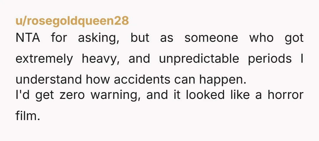 u/rosegoldqueen28 NTA for asking, but as someone who got extremely heavy, and unpredictable periods I understand how accidents can happen. I'd get zero warning, and it looked like a horror...