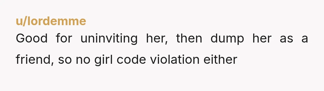 u/Mia_Tostada
NTA: she’s not a friend… If she’s acting like that. “Met at the local hunky tonk…” says it all.
Nice!