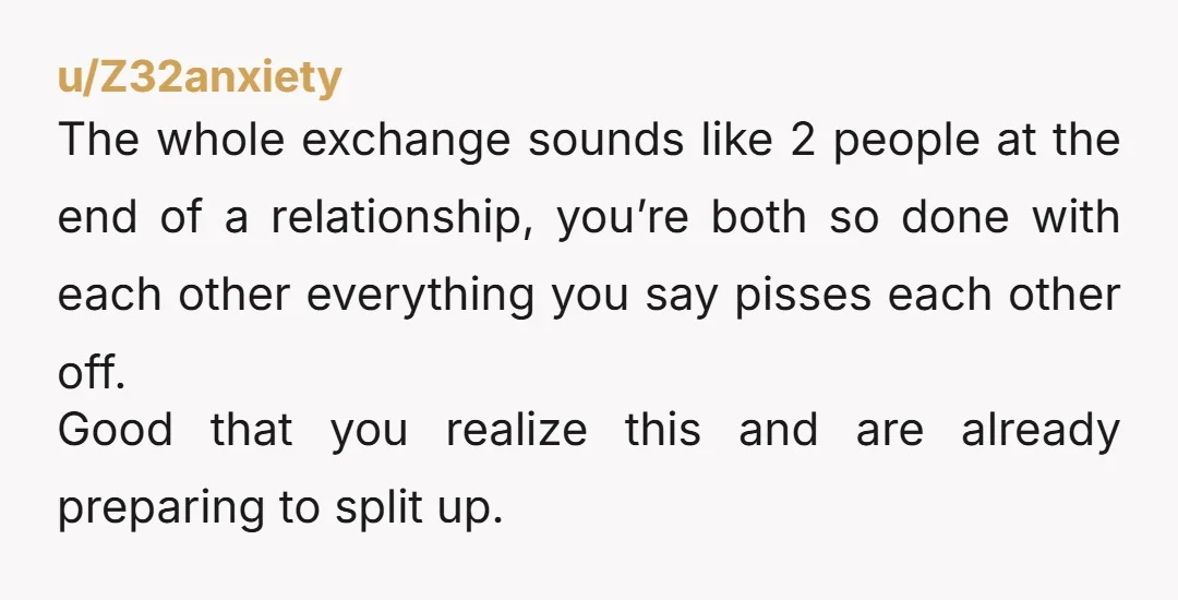 u/Z32anxiety The whole exchange sounds like 2 people at the end of a relationship, you’re both so done with each other everything you say pisses each other off. Good that...