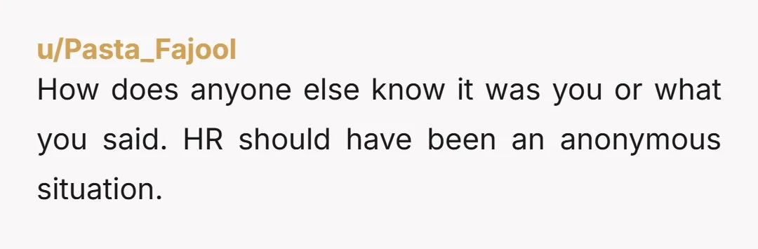 u/Pasta_Fajool
How does anyone else know it was you or what you said. HR should have been an anonymous situation.