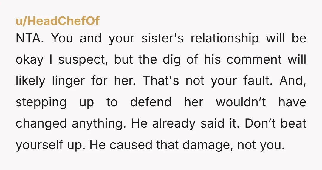 NTA. You and your sister's relationship will be okay I suspect, but the dig of his comment will likely linger for her. That's not your fault. And, stepping up to...