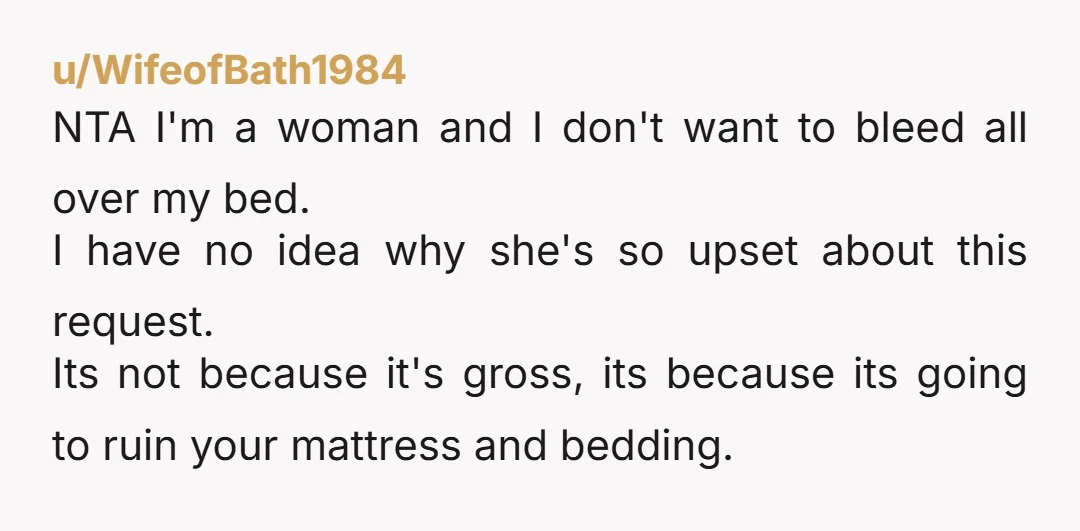 u/WifeofBath1984 NTA I'm a woman and I don't want to bleed all over my bed. I have no idea why she's so upset about this request. Its not because it's...