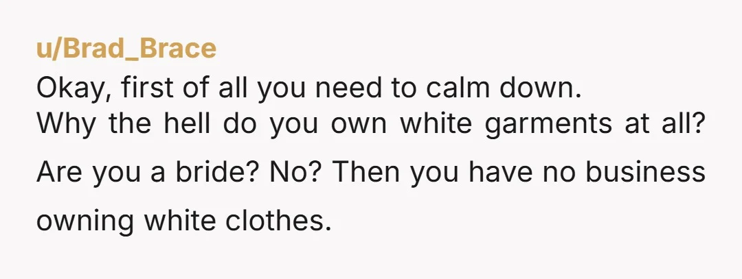 u/Brad_Brace Okay, first of all you need to calm down. Why the hell do you own white garments at all? Are you a bride? No? Then you have no business...