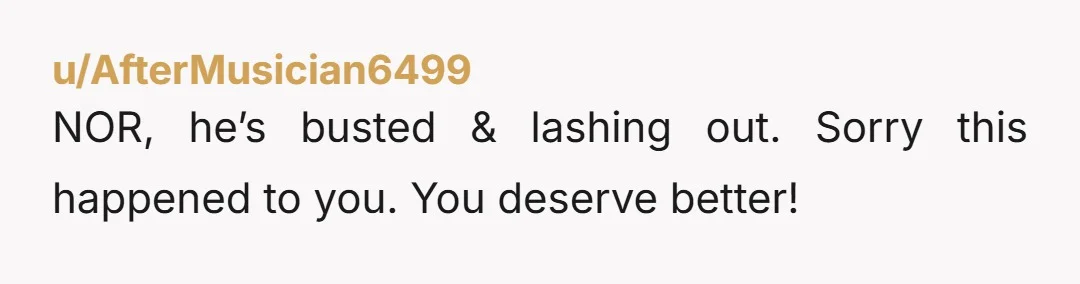 u/AfterMusician6499
NOR, he’s busted & lashing out.  Sorry this happened to you.  You deserve better!