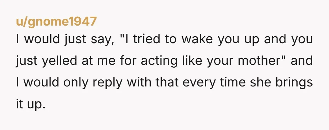 u/gnome1947 I would just say, "I tried to wake you up and you just yelled at me for acting like your mother" and I would only reply with that every...