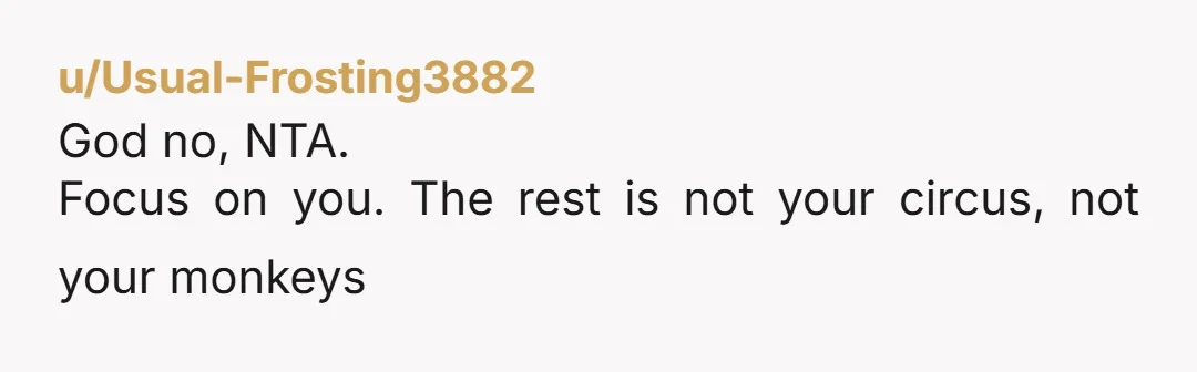 u/Usual-Frosting3882 God no, NTA. Focus on you. The rest is not your circus, not your monkeys