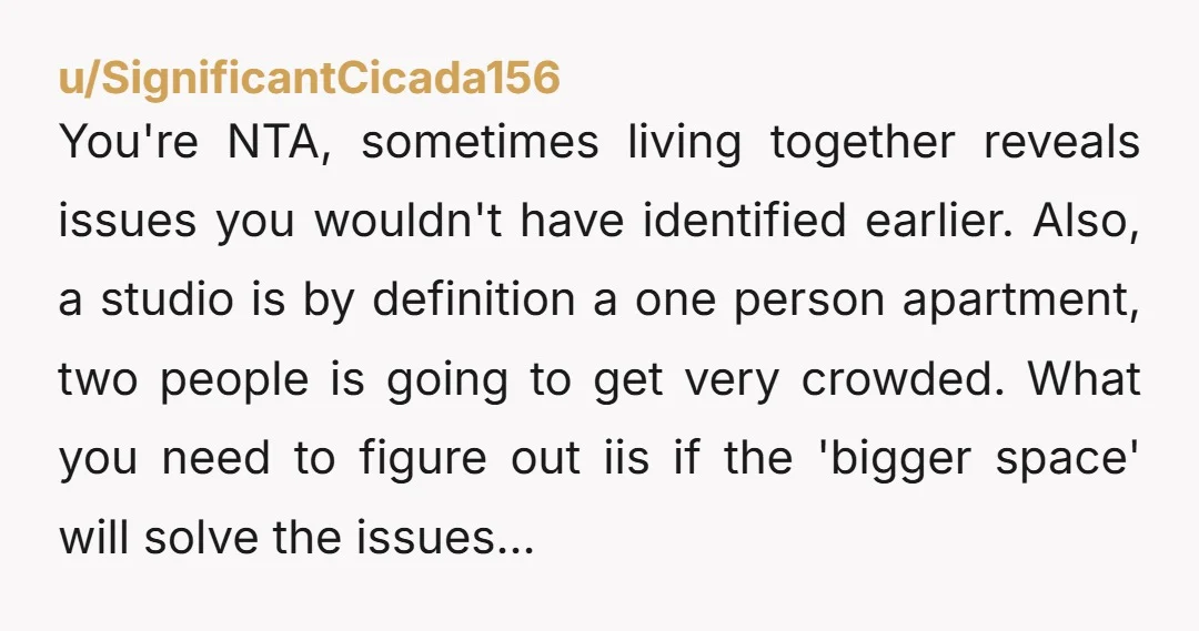 u/Purple_Shallot3731 NTA. This is literally a big part of why you cohabitate with someone. Though to be fair, two people in a studio apartment is always going to suck.