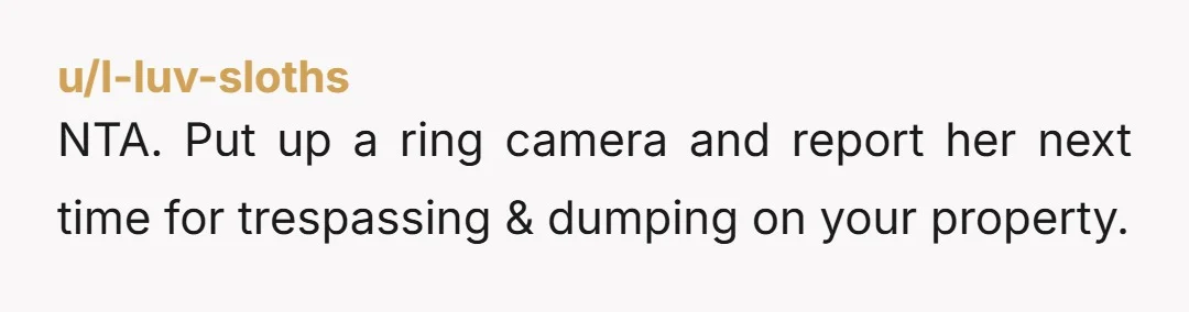 u/I-luv-sloths NTA. Put up a ring camera and report her next time for trespassing & dumping on your property.