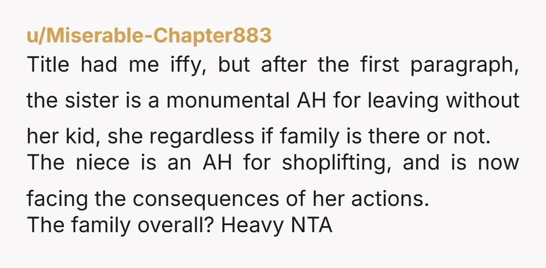 u/Miserable-Chapter883 Title had me iffy, but after the first paragraph, the sister is a monumental AH for leaving without her kid, she regardless if family is there or not. The...