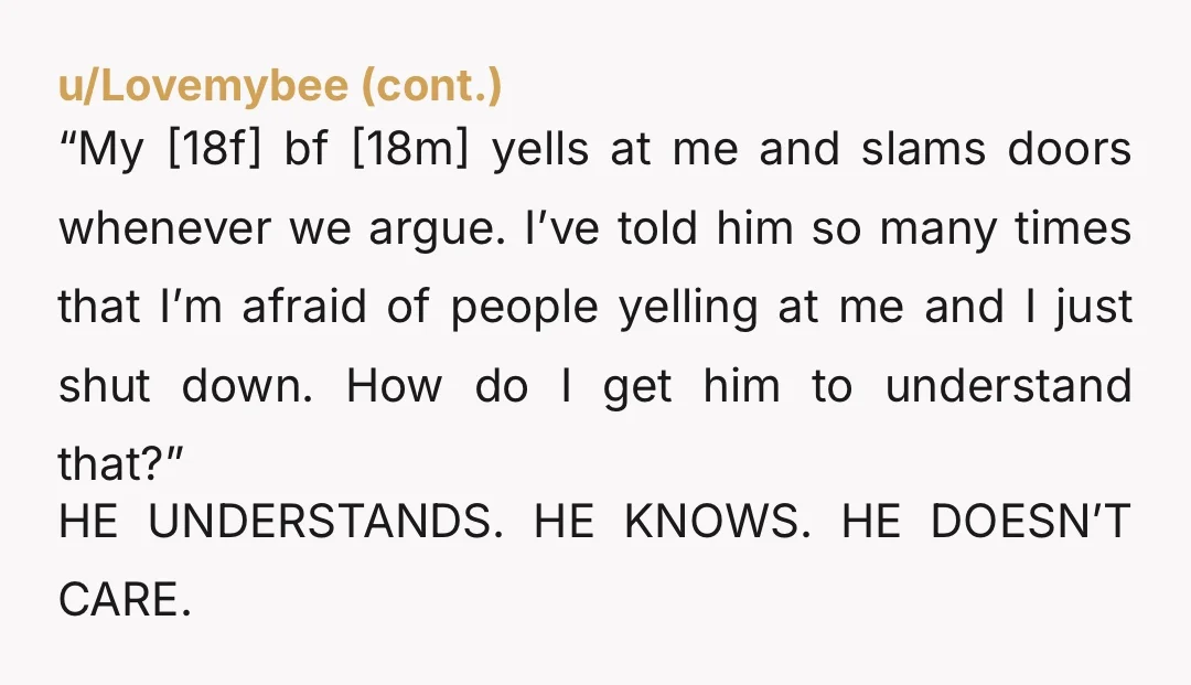 u/CrazyOldBag NTA. BUT: 1. Why are you still with him, if this is a pattern? 2. Why are you still with him, when he calls you names like “psycho” for...