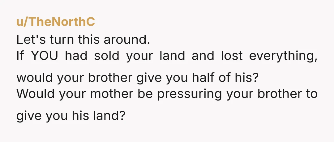 u/TheNorthC Let's turn this around. If YOU had sold your land and lost everything, would your brother give you half of his? Would your mother be pressuring your brother to...