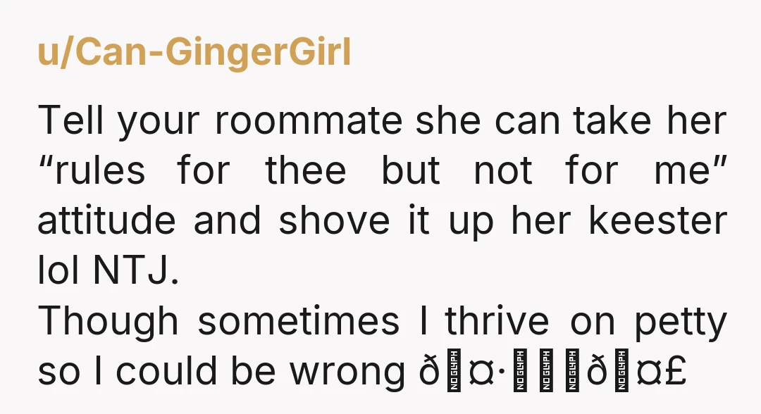 u/Can-GingerGirl Tell your roommate she can take her “rules for thee but not for me” attitude and shove it up her keester lol NTJ. Though sometimes I thrive on petty...