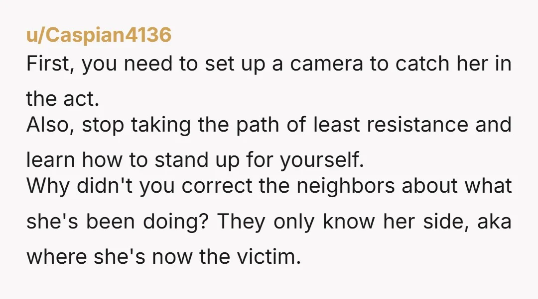 u/Caspian4136 First, you need to set up a camera to catch her in the act. Also, stop taking the path of least resistance and learn how to stand up for...