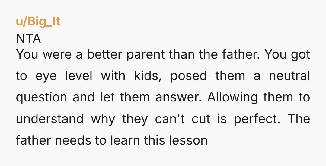u/Big_lt NTA You were a better parent than the father. You got to eye level with kids, posed them a neutral question and let them answer. Allowing them to understand...