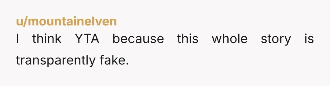 u/mountainelven
I think YTA because this whole story is transparently fake.