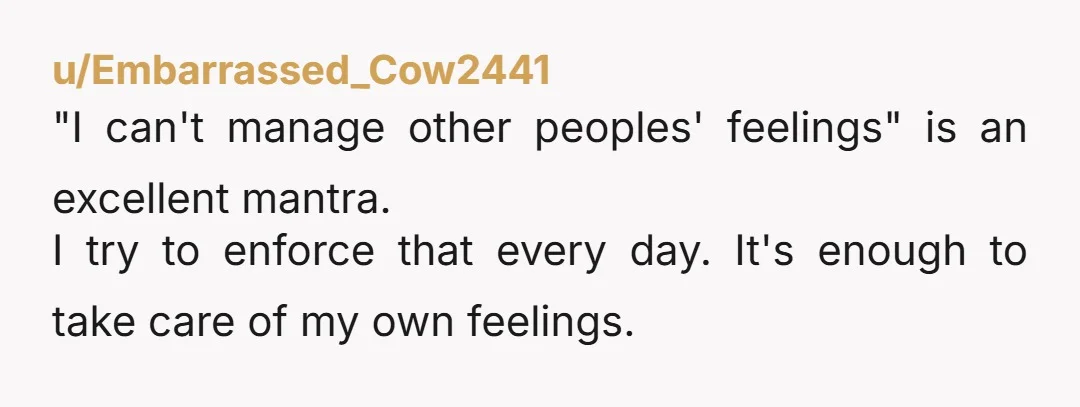 u/Embarrassed_Cow2441 "I can't manage other peoples' feelings" is an excellent mantra. I try to enforce that every day. It's enough to take care of my own feelings.