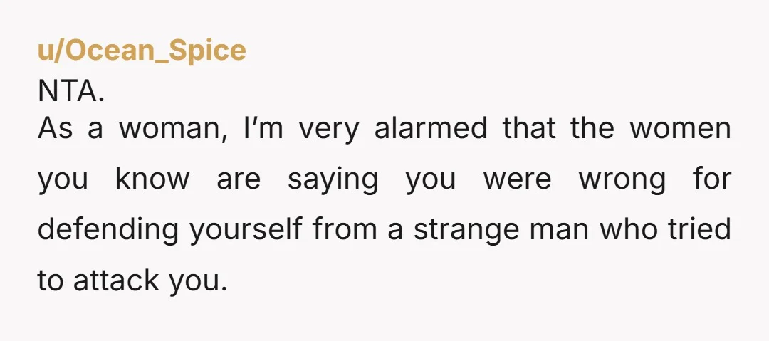 u/Ocean_Spice
NTA.
As a woman, I’m very alarmed that the women you know are saying you were wrong for defending yourself from a strange man who tried to attack you.