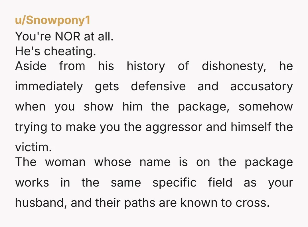 u/Snowpony1 You're NOR at all. He's cheating. Aside from his history of dishonesty, he immediately gets defensive and accusatory when you show him the package, somehow trying to make you...