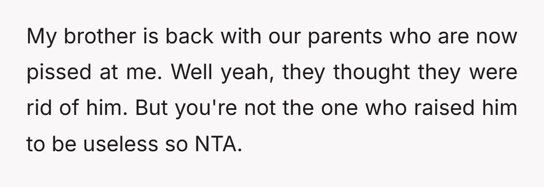 u/RJack151 NTA. Time to block your parents and brother so you don't have to listen to their drama. And bro deserved to be kicked out.
