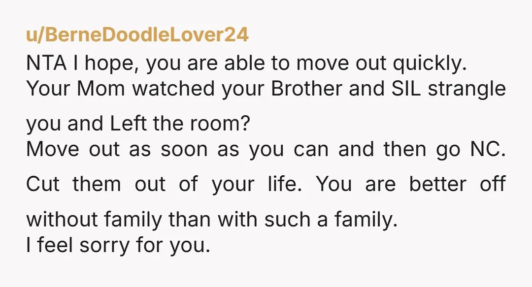 u/mockingbird82 Obviously NTA. That being said, your current place is not safe. Your mom will probably try sneaking your sil over. You might come home early one day and find...