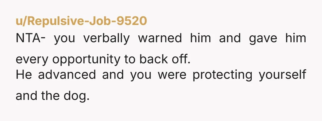 u/Repulsive-Job-9520
NTA- you verbally warned him and gave him every opportunity to back off.
He advanced and you were protecting yourself and the dog.