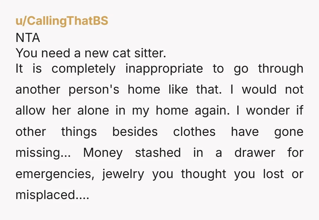u/HeySweetie3 NTA, she completely violated you & your home. This woman is a klepto & cannot be trusted. I think it’s time to find another cat sitter. This is also...