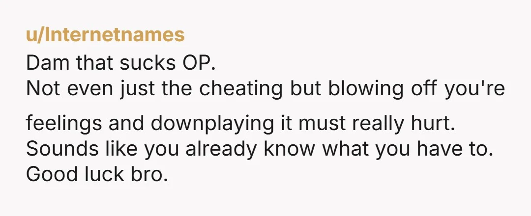 u/Internetnames Dam that sucks OP. Not even just the cheating but blowing off you're feelings and downplaying it must really hurt. Sounds like you already know what you have to....