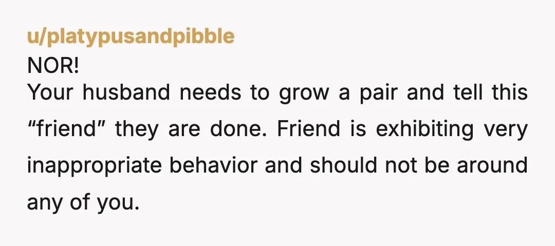 u/platypusandpibble NOR! Your husband needs to grow a pair and tell this “friend” they are done. Friend is exhibiting very inappropriate behavior and should not be around any of you....