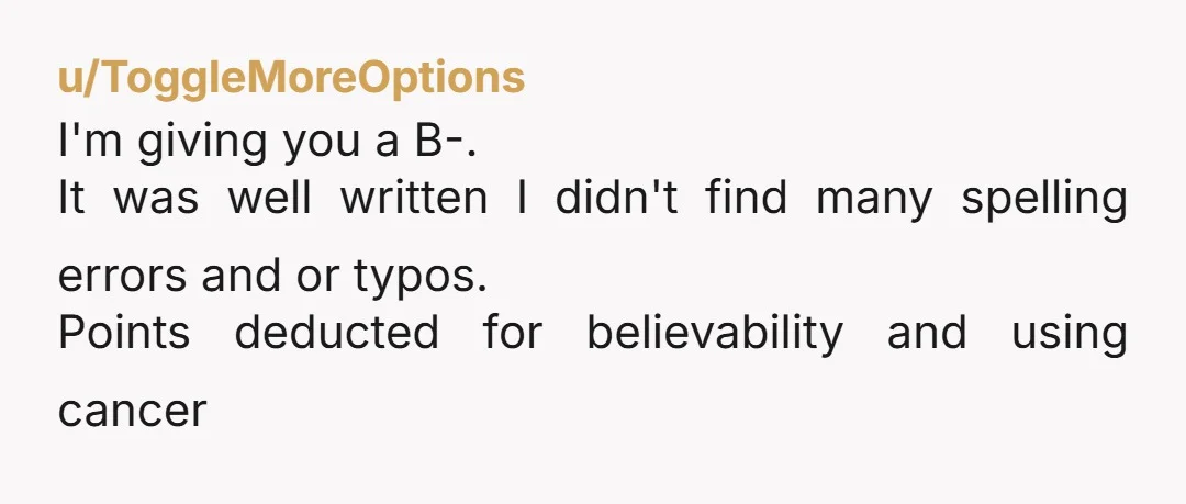 u/ToggleMoreOptions
I'm giving you a B-.
It was well written I didn't find many spelling errors and or typos.
Points deducted for believability and using cancer
