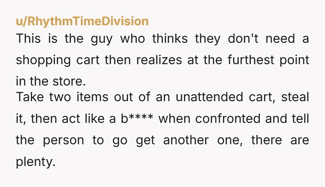 u/RhythmTimeDivision This is the guy who thinks they don't need a shopping cart then realizes at the furthest point in the store. Take two items out of an unattended cart,...