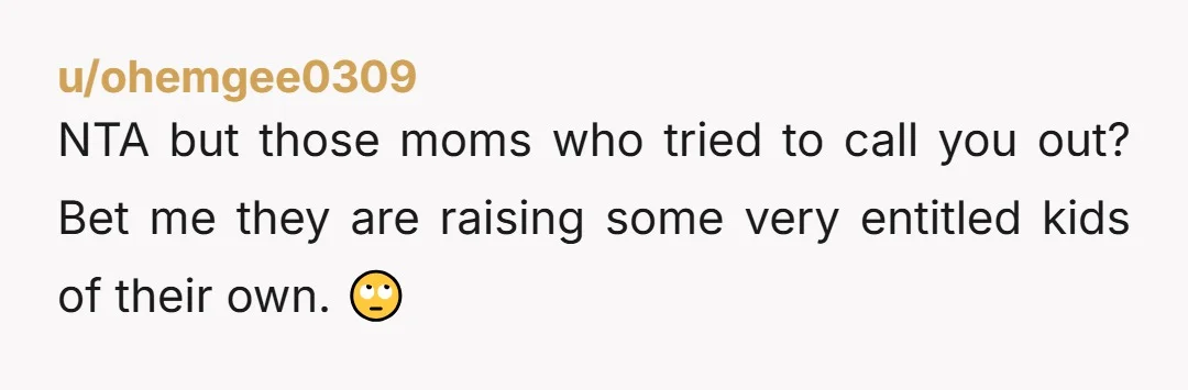 u/ohemgee0309 NTA but those moms who tried to call you out? Bet me they are raising some very entitled kids of their own. 🙄