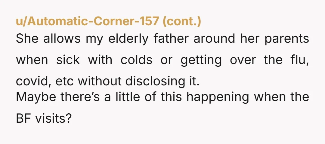 u/Current_Opinion9751 You should rather tell your bf that as soon as he feels that he is getting sick, that he will not drive to you. Your statement basically means, "either...
