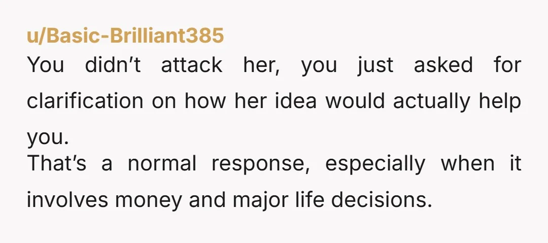 u/Basic-Brilliant385 You didn’t attack her, you just asked for clarification on how her idea would actually help you. That’s a normal response, especially when it involves money and major life...