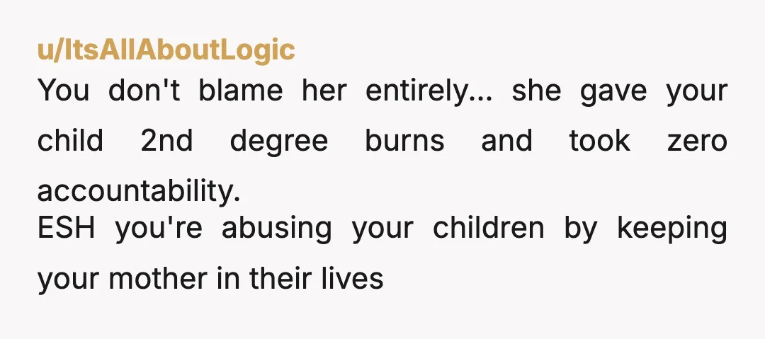 u/ItsAllAboutLogic You don't blame her entirely... she gave your child 2nd degree burns and took zero accountability. ESH you're abusing your children by keeping your mother in their lives
