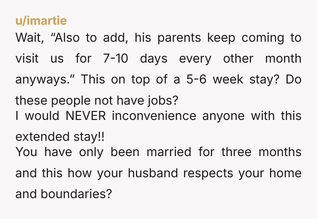 u/da8BitKid Bro you have no boundaries and your "deal breaker" means nothing. Do you know what a "deal breaker" means? Your in-laws visit and invite themselves to your home every...