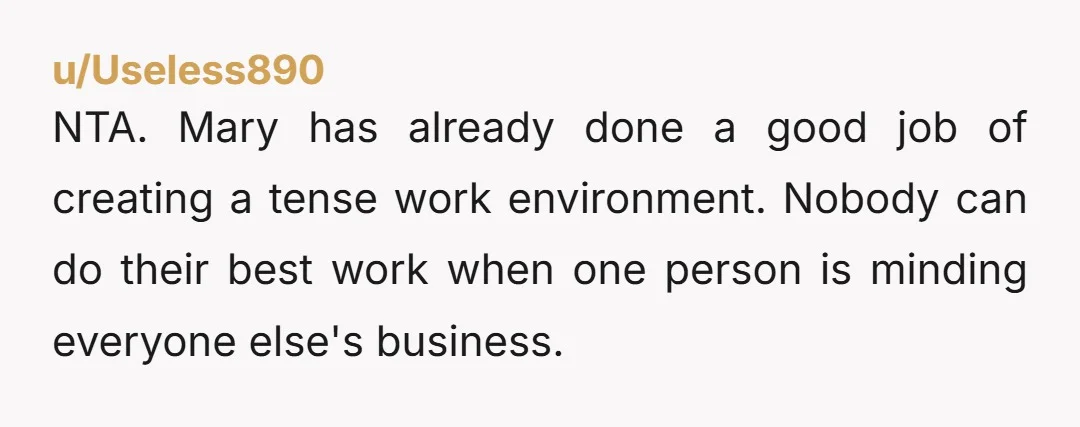 NTA. Mary has already done a good job of creating a tense work environment. Nobody can do their best work when one person is minding everyone else's business.