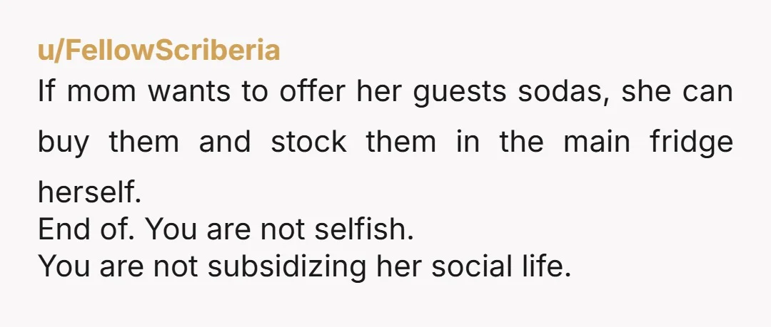 u/sweet_tea_mama Nta. If it's not your guest and you don't even visit with them, you don't need to extend the hospitality. If your mom would like to buy her own...
