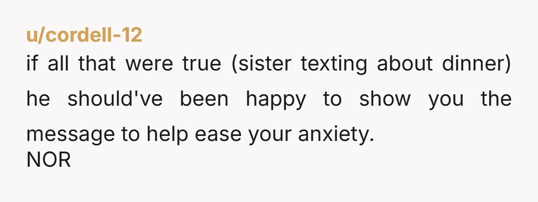 u/cordell-12
if all that were true (sister texting about dinner) he should've been happy to show you the message to help ease your anxiety.
NOR