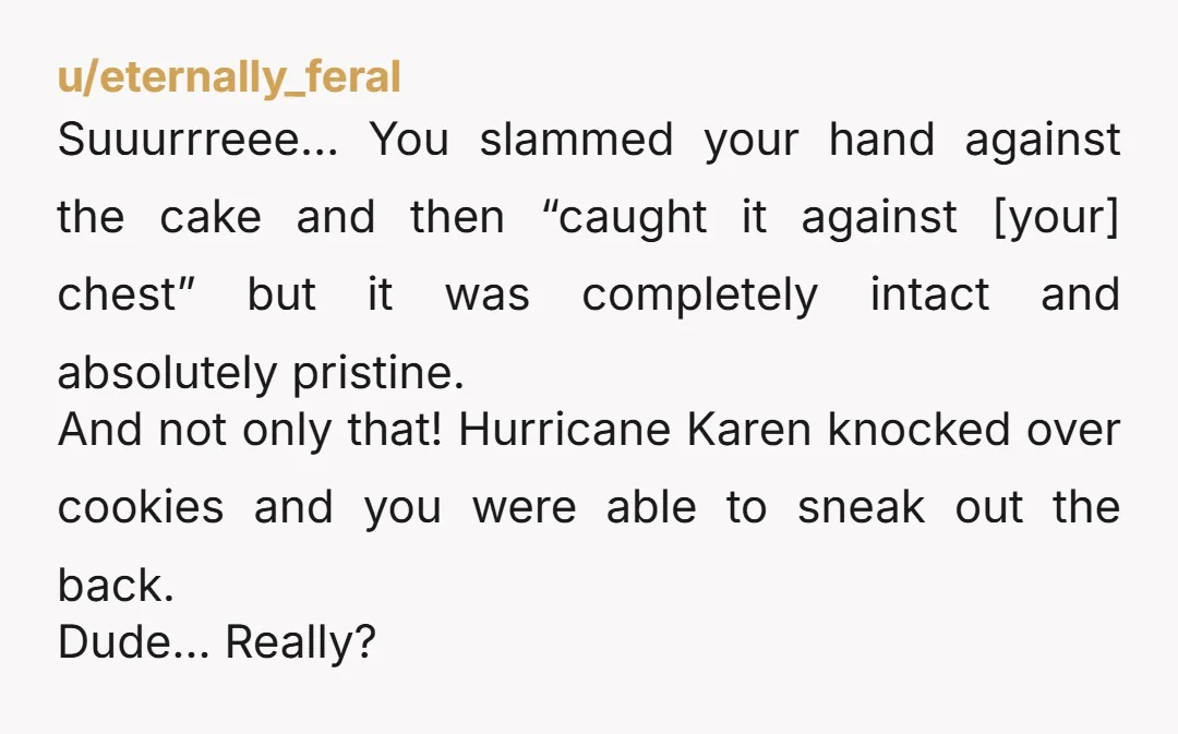 u/eternally_feral Suuurrreee… You slammed your hand against the cake and then “caught it against [your] chest” but it was completely intact and absolutely pristine. And not only that! Hurricane Karen...
