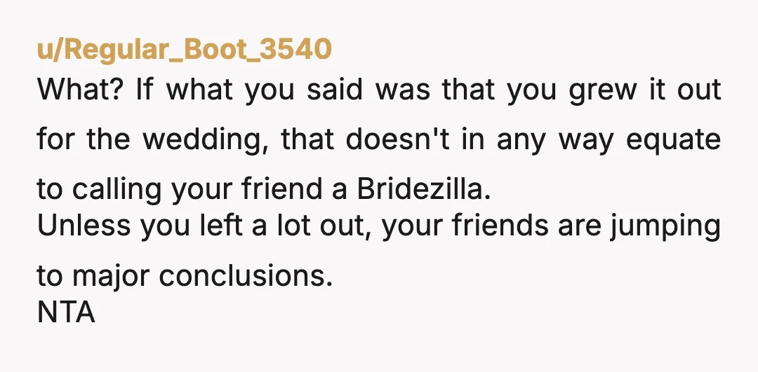 u/dovahkiitten16 Unintentional YTA. It does, without context, make your friend sound like a ‘zilla as growing your hair long for a wedding sounds absurd. The fact that your response was...